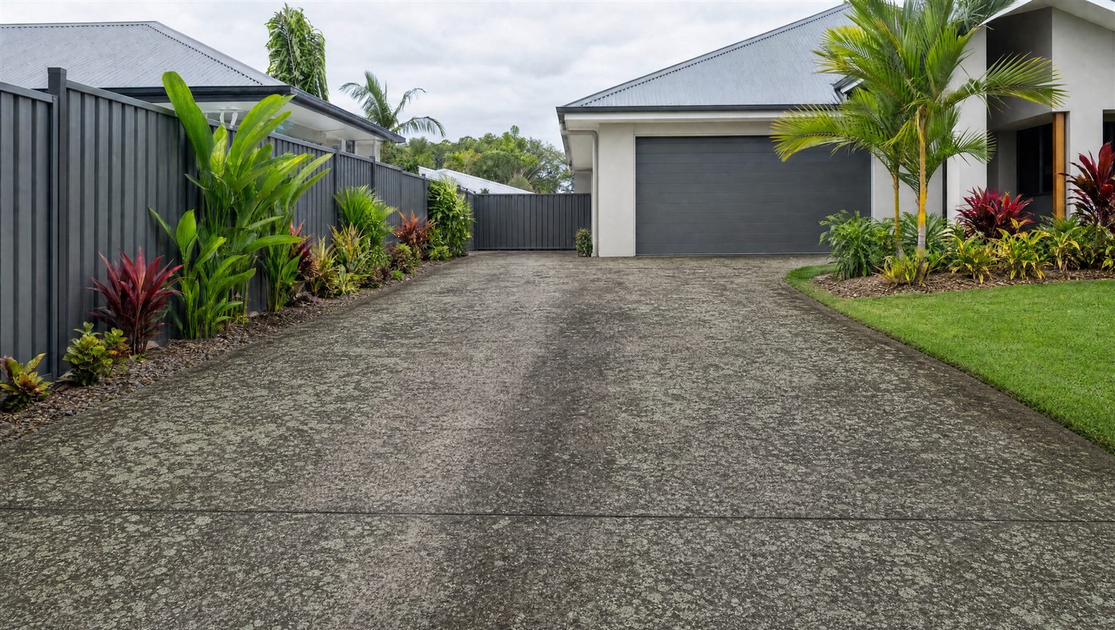 Driveway before pressure cleaning — heavy black mould and lichen