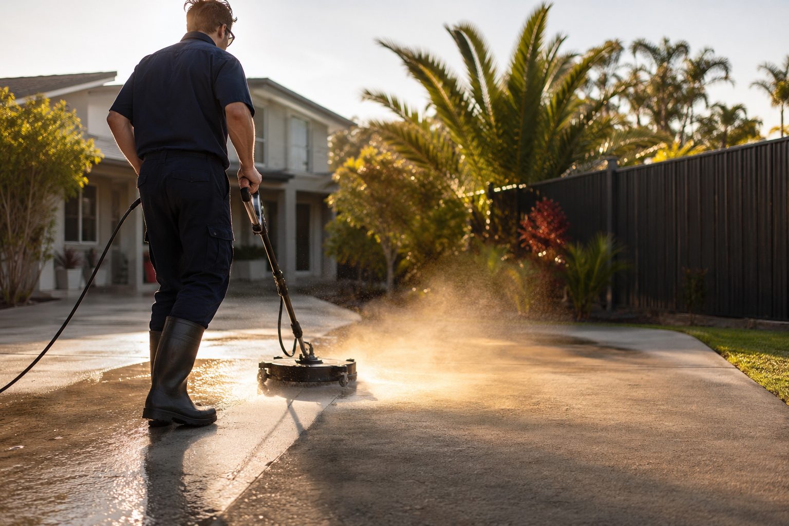 Exterior Pro Solutions operator pressure cleaning a Gold Coast driveway at golden hour
