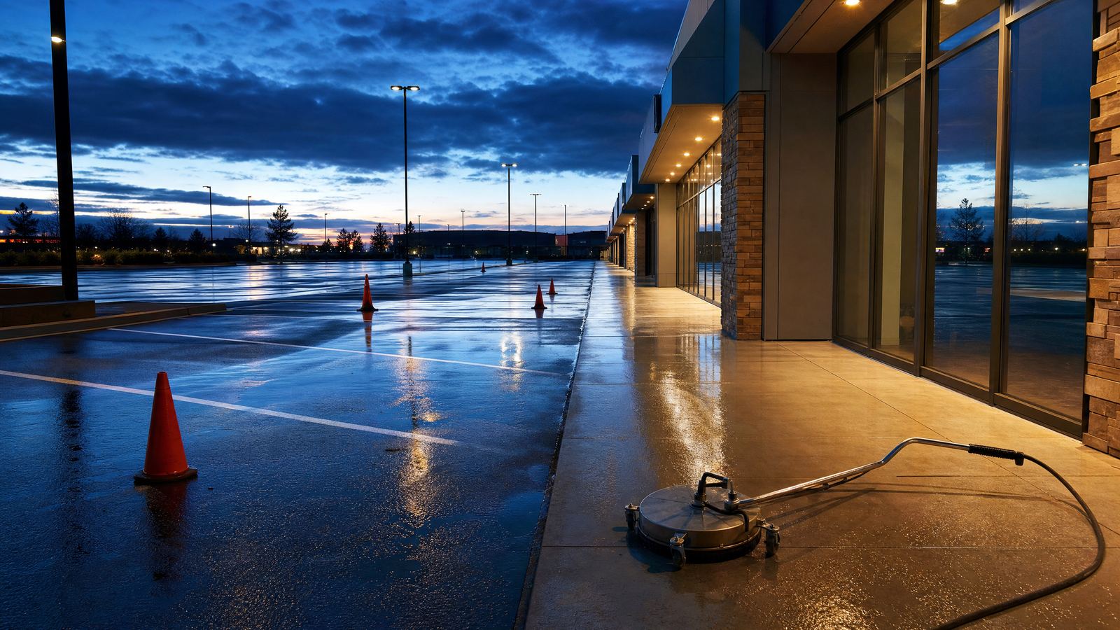 Shopping centre carpark and shopfront apron being pressure cleaned at dawn